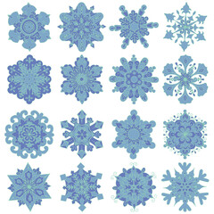 Set of different snowflakes on a white background