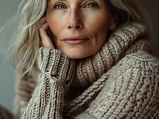 Beautiful mature woman in grey knitwear sweater.	