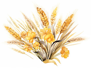 Watercolor yellow wheat ears with flowers bouquet illustration on white background