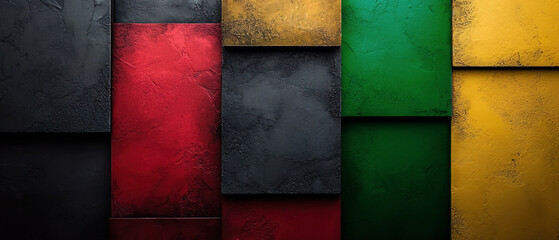 Red, yellow and green color stone plates on the black background. Black History Month concept. Flat lay. Copy space. Banner.
