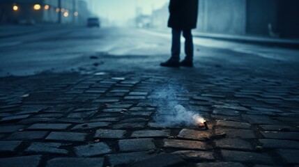 Dark shadow of a lonely person on the ground in the street. Stranger with a cigarette. Anxiety, depression, loneliness, fear concept - obrazy, fototapety, plakaty