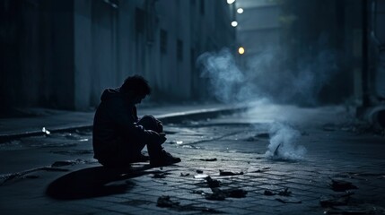 Dark shadow of a lonely person on the ground in the street. Stranger with a cigarette. Anxiety, depression, loneliness, fear concept - obrazy, fototapety, plakaty