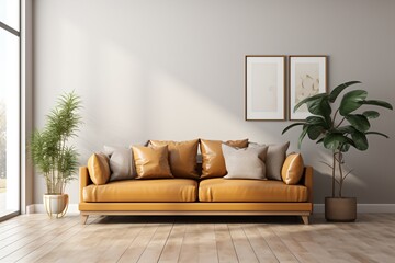Modern living room interior with brown leather sofa - obrazy, fototapety, plakaty