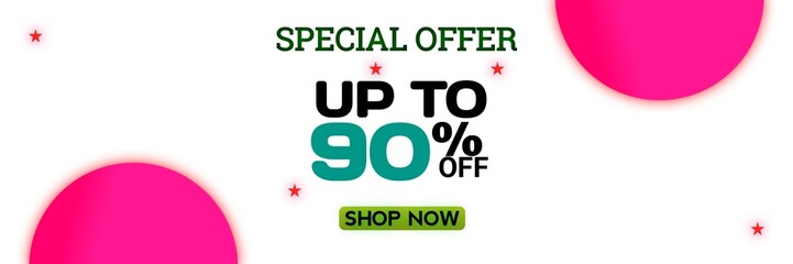 Special Offer Up To 90 Percent Off, Shop Now , Business Panoramic Banner With Discount Special Offer Up To 90 Percent Off , Template For Online Shopping, Pink Shapes And Star 
