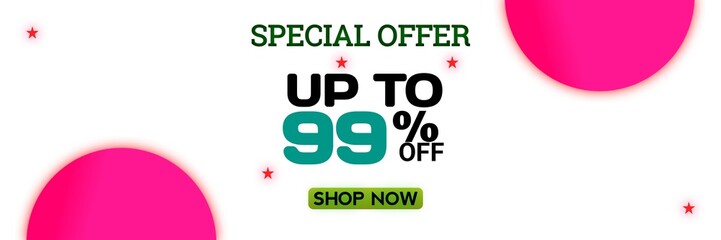 Special Offer Up To 99 Percent Off, Shop Now , Business Panoramic Banner With Discount Special Offer Up To 99 Percent Off , Template For Online Shopping, Pink Shapes And Star 