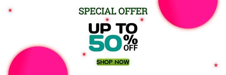 Special Offer Up To 50 Percent Off, Shop Now , Business Panoramic Banner With Discount Special Offer Up To 50 Percent Off , Template For Online Shopping, Pink Shapes And Star 