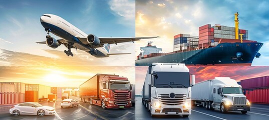 Logistics industry concept collage with white vertical lines and bright light white segments