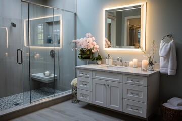 Fototapeta na wymiar Elegant bathroom with large glass shower and white vanity