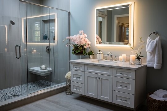 Elegant bathroom with large glass shower and white vanity
