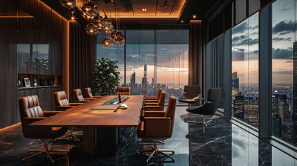 elegant meeting room at night with large windows illuminated by artificial light - obrazy, fototapety, plakaty