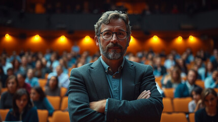 Fototapeta premium a man giving a lecture looking straight ahead at his back many interested in the lecture sitting in their seats