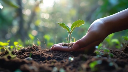  a person's hand holding a plant in a dirt area with sunlight shining through the trees in the background.