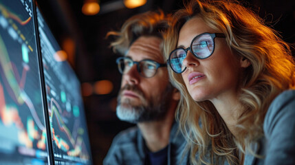 Obraz premium a woman and a man looking at graphs together on computer screens