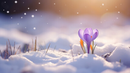 Purple Crocus spring flower growing in snow. Beautiful floral card with brilliant sparkling...