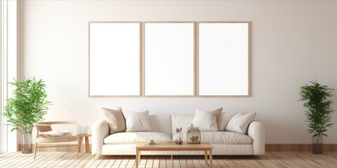 Fototapeta na wymiar Modern Elegance: A Minimalistic Living Room Mockup Featuring an Empty Picture Frame Against a Crisp White Wall, Perfect for Showcasing Contemporary Interior Design