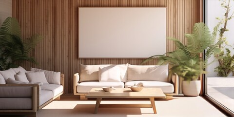 Modern Elegance: A Minimalistic Living Room Mockup Featuring an Empty Picture Frame Against a Crisp White Wall, Perfect for Showcasing Contemporary Interior Design