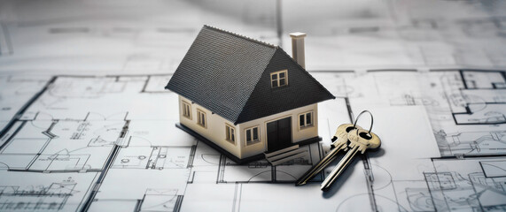 House miniature and house keys lie on the drawings of a turnkey house construction plan