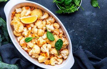 Baked cauliflower in garlic and lemon dressing with olive oil in ceramic baking dish, gray background, top view
