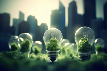 Energy consumption and CO2 gas emissions are increasing light bulbs with green eco city, Renewable energy by 2050 Carbon neutral energy, Save energy creative idea concept - obrazy, fototapety, plakaty