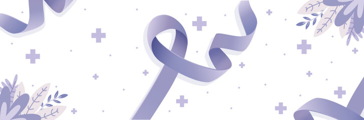 Bannière avec des rubans violets en soutien à la lutte mondiale contre le Cancer - Arrière-plan contre la maladie - Sensibilisation, prévention et solidarité - Univers médical - Vecteur