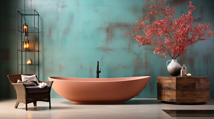 Freestanding coral pink bathtub in a green background