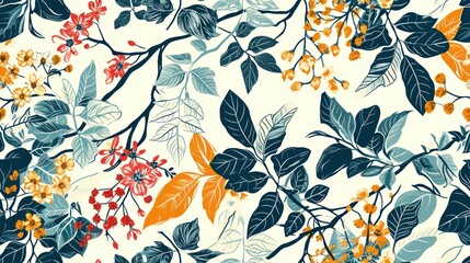  a blue and orange floral wallpaper with leaves and flowers on a white background with orange, blue, and green leaves.