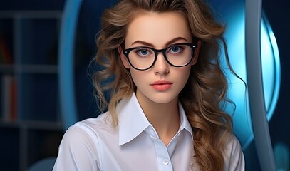 A beautiful woman wearing fashionable glasses with a serious expression. Perfect for fashion and lifestyle concepts