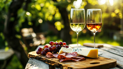 Naklejka na ściany i meble Glasses of wine, cheese and snacks, gourmet picnic in vineyard