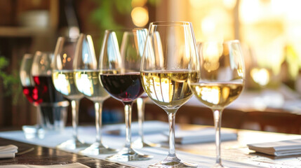 Glasses of red and white still wine on restaurant table, wine tasting event