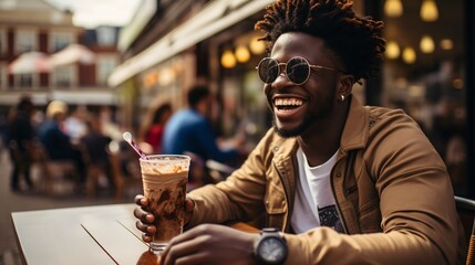 A young man enjoying a cold drink at an outdoor cafe - obrazy, fototapety, plakaty