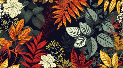  a pattern of leaves and flowers on a black background with red, green, yellow, and white flowers and leaves.