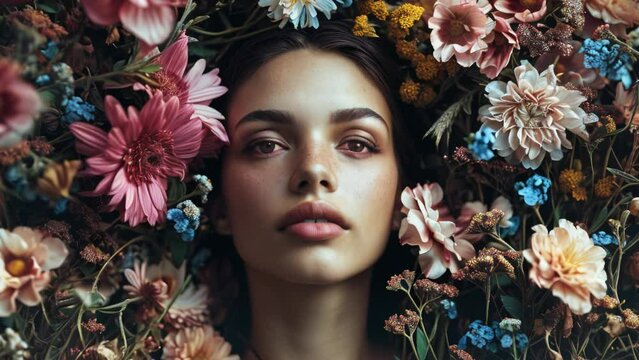 Beautiful romantic young girl face surrounded surrounded with many colorful flower blooms. Close up, candid beauty, fashion portrait