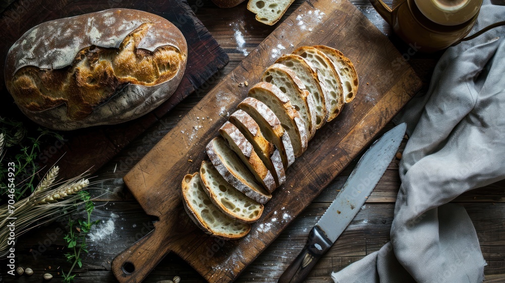 Sticker  a sliced loaf of bread sitting on top of a wooden cutting board next to a loaf of bread on top of a cutting board.