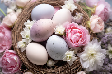 Naklejka na ściany i meble A nest with decorated easter eggs and beautiful flowers