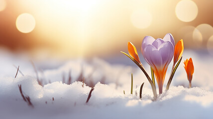 Purple Crocus spring flower growing in snow. Beautiful floral card with brilliant sparkling...