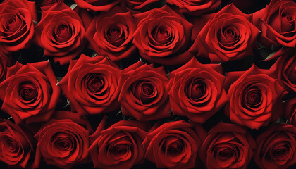 Banner with red roses texture. Close-up, panoramic view