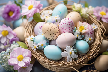 Obraz na płótnie Canvas Beautiful pink and light blue easter eggs and flowers in a nest