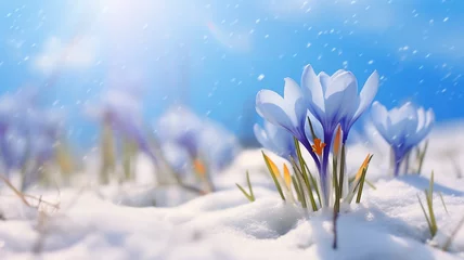 Foto op Aluminium Purple Crocus spring flower growing in snow. Beautiful floral card with brilliant sparkling background. Generative AI © svittlana