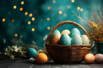 Colorful easter eggs in a basket on a green background with lights