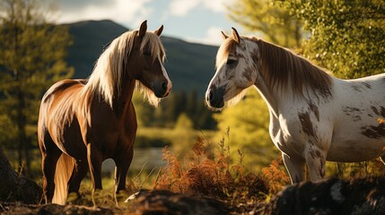 brown and white horses facing each other