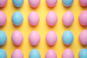Fototapeta na wymiar Colorful easter eggs in a row on a yellow background