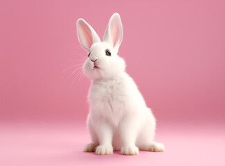 Obraz premium Curious white bunny on a pink background