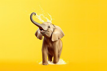 A joyful elephant with its trunk raised up splashes of water on a yellow background. Copy space.