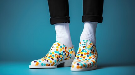 A person wearing colorful polka dot shoes