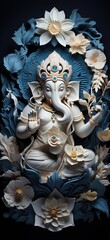 White and blue 3D image of the Hindu god Ganesha sitting on a lotus flower