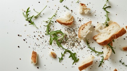  a close up of a piece of bread with herbs and seasoning on top of it on a white surface.