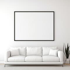Bright interior of living room with white sofa, houseplant and poster frame