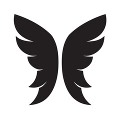 A black silhouette Angel or bird wing flat black icon Clipart on a white Background, Simple and Clean design, simplistic