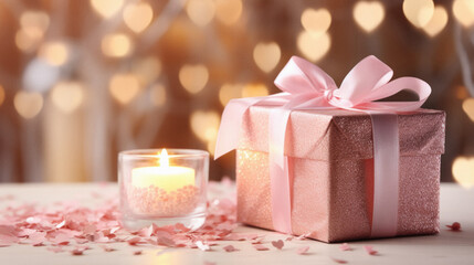 Beautiful gift box with bow and burning candle on table against blurred lights.