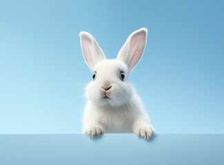 Fototapeta premium Cute white bunny on a blue background